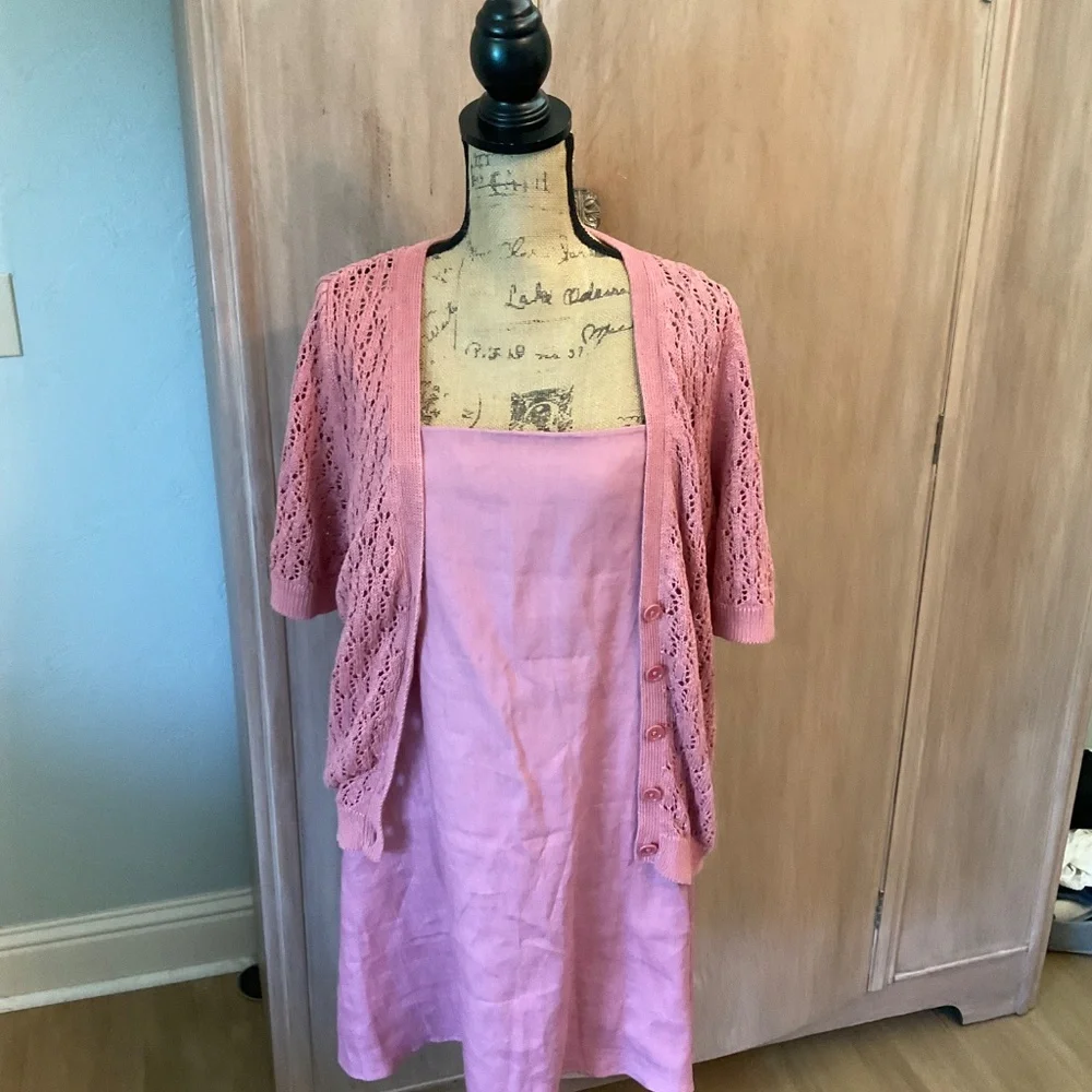 Reformation Linen 2pc Set  Aubree Dress @ Cardi Mini matching crochet cardigan L